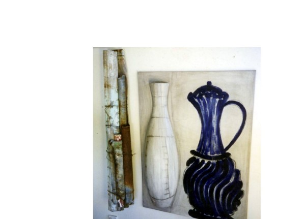 Still Life with Blue Jug, White & Corrigated Iron Vases