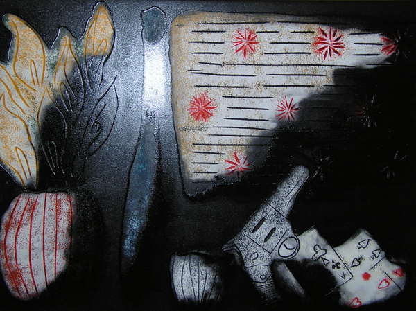Still Life with Arum Lillies,Bottle,Glass,Flag,Revolver & Cards
