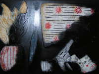 Still Life with Arum Lillies,Bottle,Glass,Flag,Revolver & Cards