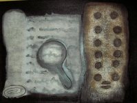 Still Life with Manuscript,<agnifying Glass & Grebo Mask
